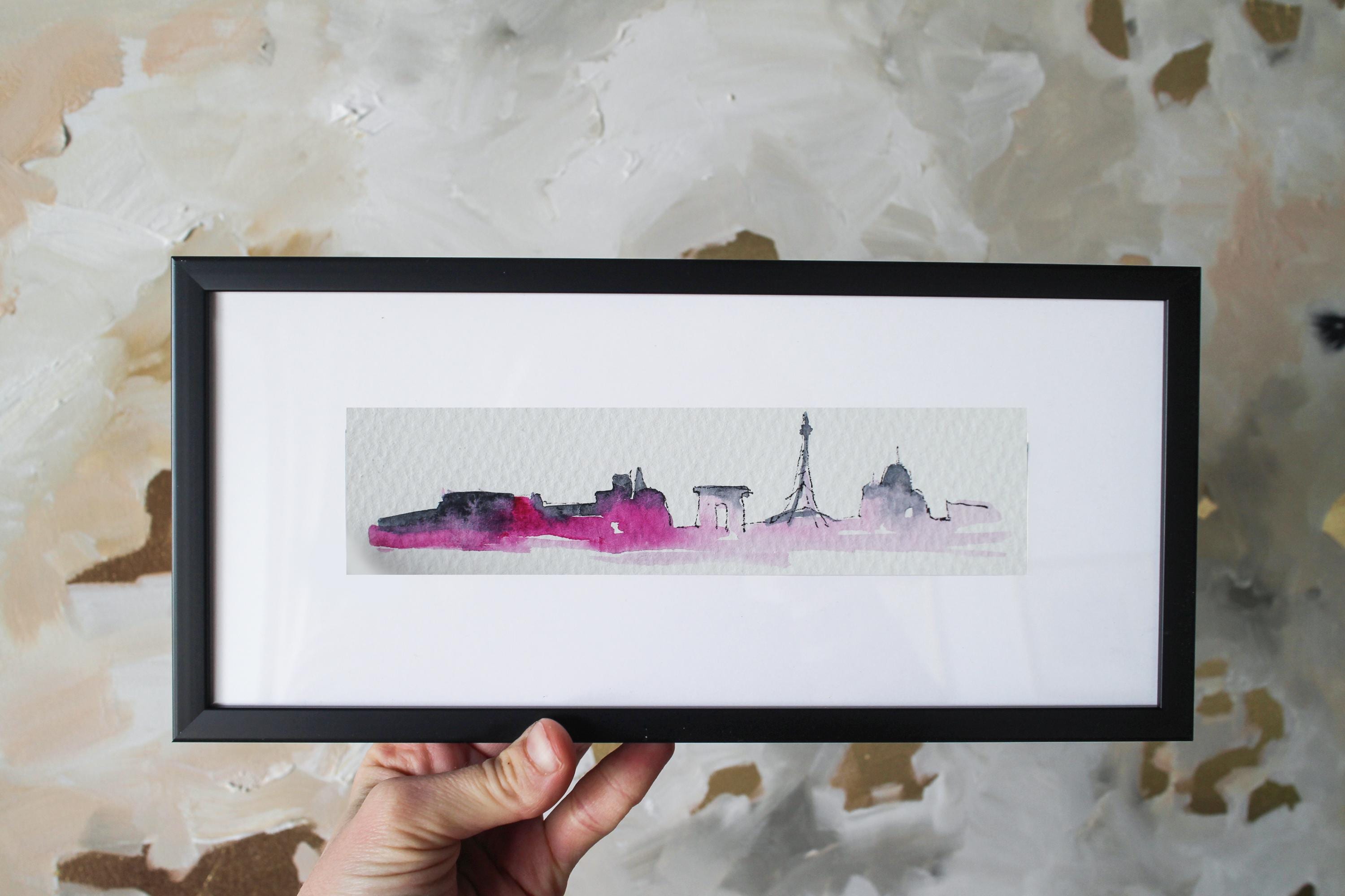 Framed Paris Watercolor Painting: Eiffel Tower Panorama, Small