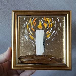 Candle oil painting with gold leaf framed original 4x4 painting Still life painting oil tradition Art kitchen painting