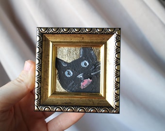 Le chat noir avait peur, portrait de chat avec feuille d&#39;or Peinture à l&#39;huile 2 x 2 peinture originale encadrée Peinture de chat noir originale encadrée