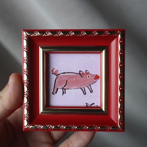 Roligt och glatt grisporträtt, original oljemålning, inramad 2x2-illustration