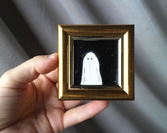 Dipinto a olio fantasma 2x2 originale con cornice gotica, candela di Halloween, stanza accademica oscura e spettrale