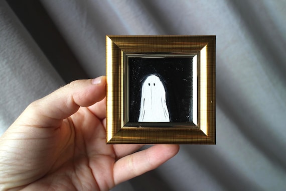 Ghost oil painting 2x2 original framed Gothic Halloween Candle Spooky Dark Academia Room
