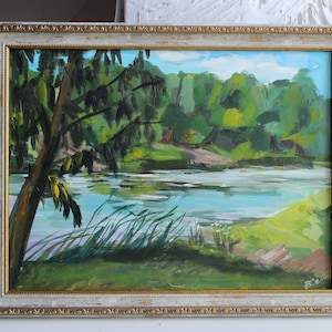 Landscape river oil painting framed original meadow landscape painting original canvas painting canvas original green oil painting
