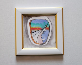Airplane window aircraft wing flight sky porthole original miniature watercolor painting framed
