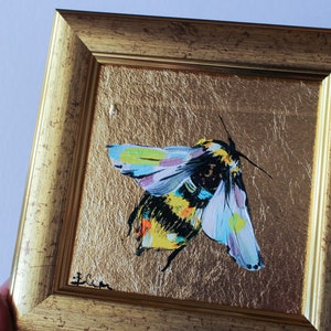 Bumblebee Miniature oil painting with gold leaf 4x4 framed Small original Oil painting flower image 2
