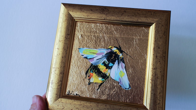 Bumblebee Miniature oil painting with gold leaf 4x4 framed Small original Oil painting flower image 2