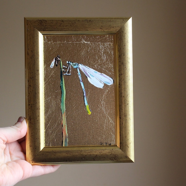 Dragonfly and fly oil Painting framed original 4x6 with gold leaf dragonfly painting Handmade Miniature original oil painting Gift for Her