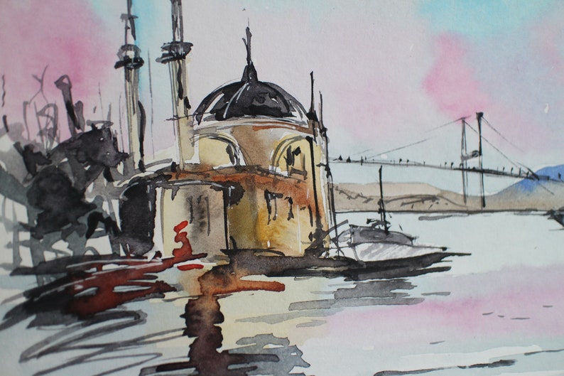 Painting Istanbul bridge watercolor original Turkish framed watercolor Church of Hagia Sophia