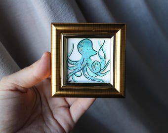 Framed Octopus Watercolor Painting: Original Miniature Art (2x2 inch)