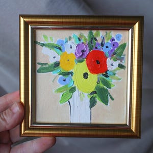 Floral Mini oil painting original framed flowers 4x4 floral oil painting floral art Still painting Miniature Painting floral painting