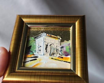 パリ凱旋門の絵画：ミニ油絵、金箔額入り都市風景画、2x2 - Etsy 日本