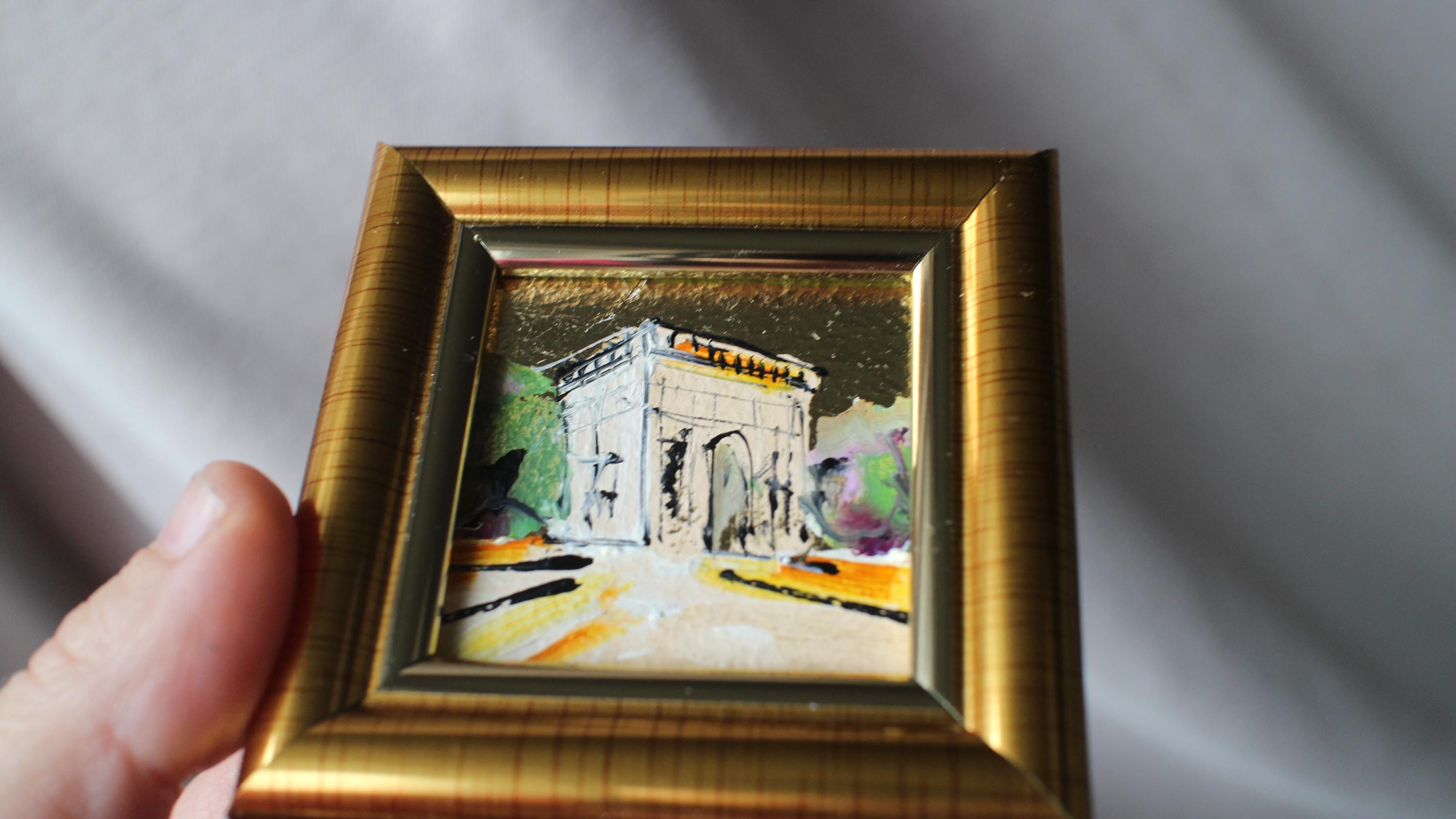 パリ凱旋門の絵画：ミニ油絵、金箔額入り都市風景画、2x2 - Etsy 日本
