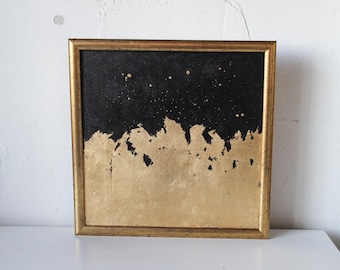 Black and Gold Leaf Abstract Painting, Framed Gold Foil Art (12x12)