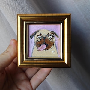 Original Framed Pug Oil Painting: Miniature Dog Portrait (2x2)