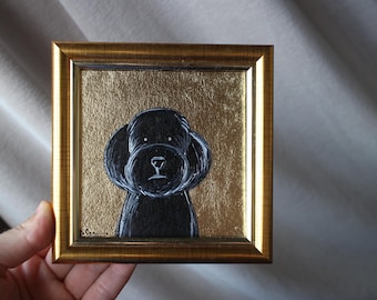 Original Black Poodle Oil Painting with gold leaf: Framed Dog Portrait Art (4x4 in)