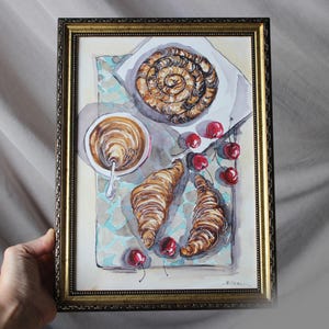 Food breakfast croissant coffee painting watercolor original framed illustration cafe decor wall art gift