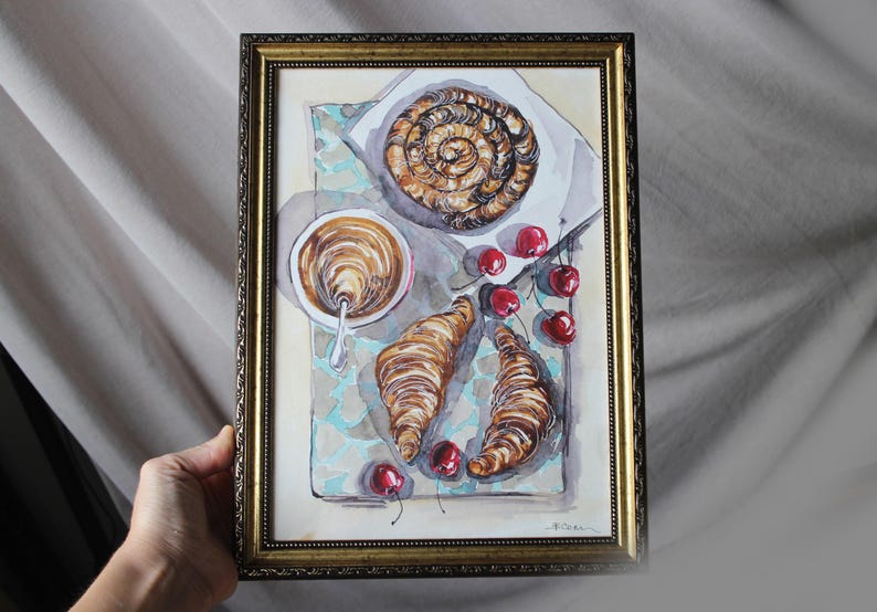 Food breakfast croissant coffee painting watercolor original framed illustration cafe decor wall art gift