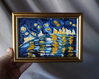 ゴッホ「星月夜」複製画：キャンバスに厚塗り油彩で描かれた絵画
