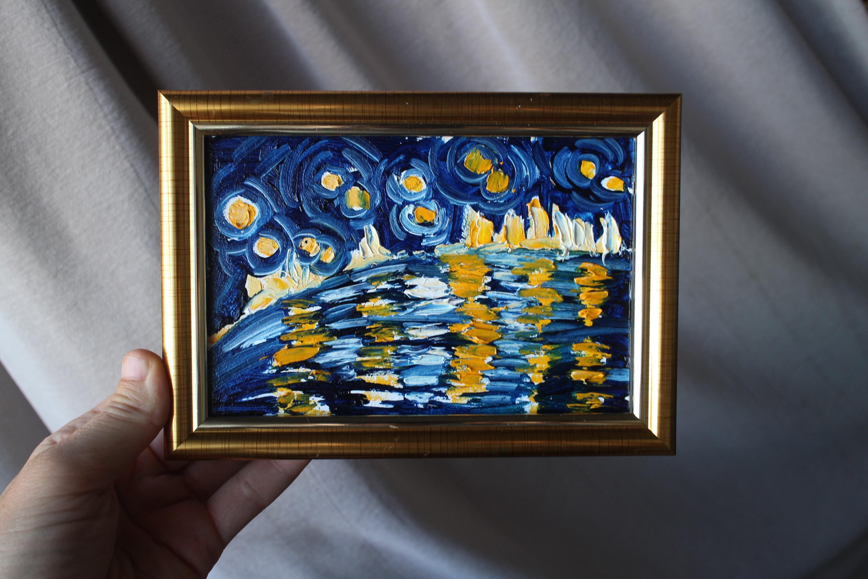 ヴィンセント・ヴァン・ゴッホ「星月夜」額入り、オリジナル絵画 4x6