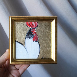 Сock portrait oil Painting original painting framed gold leaf 4x4 rooster painting original framed illustration home decor wall art