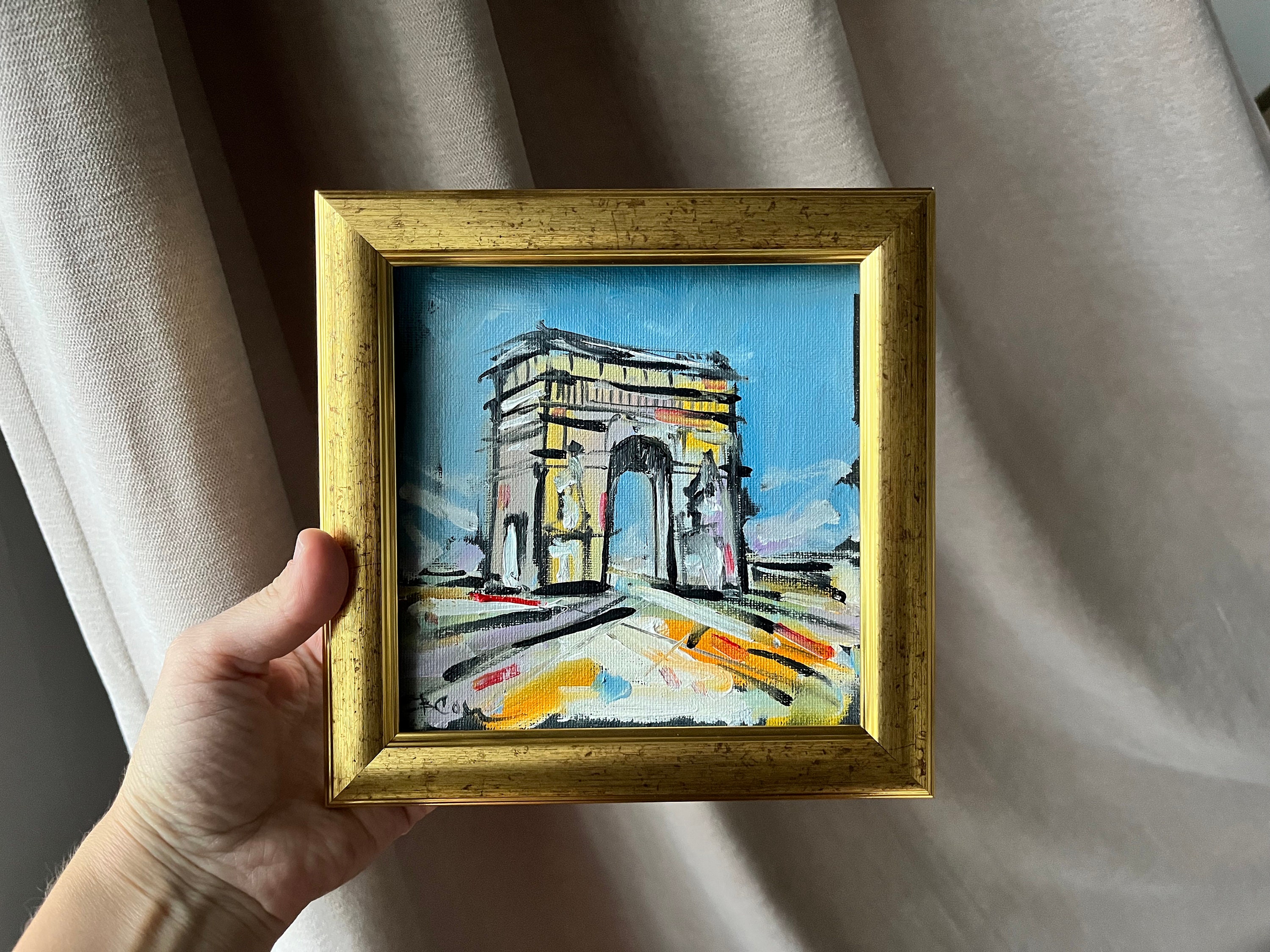 手書き油絵 パリの風景 凱旋門 額付 絵画 インテリア 絵画 風景画(街並み) 冬 雪のフランス パリ 凱旋門 インテリアアート額