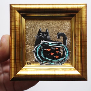 Black cat and fish in an aquarium oil Painting with gold leaf 2x2 original painting framed Black cat painting original framed