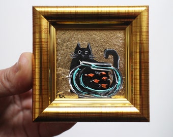 Black cat and fish in an aquarium oil Painting with gold leaf 2x2 original painting framed Black cat painting original framed