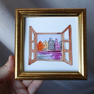 Canals of Amsterdam watercolor painting framed original, Amsterdam sketch painting, Holland in Small Painting Wall Art Decor Painting