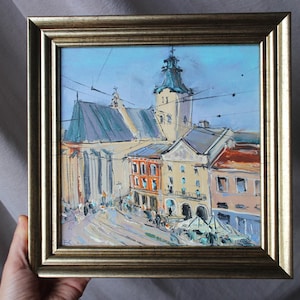 Lviv oil painting original framed 8x8 Lvov Lwów Cityscape painting Lemberg Leopolis oil painting Market Square Lviv