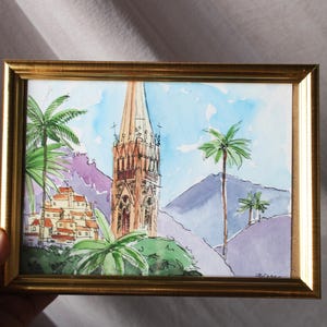 Petropolis Brazil painting watercolor original framed cityscape Rio painting street in Small Painting Wall Art Decor