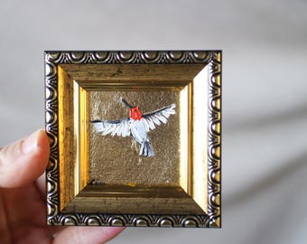 Colibrí, óleo sobre pan de oro - Miniatura enmarcada (5 x 5 cm)