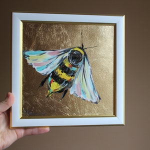 Bumble bee oil painting with gold leaf 8x8 framed Small original Oil painting flower