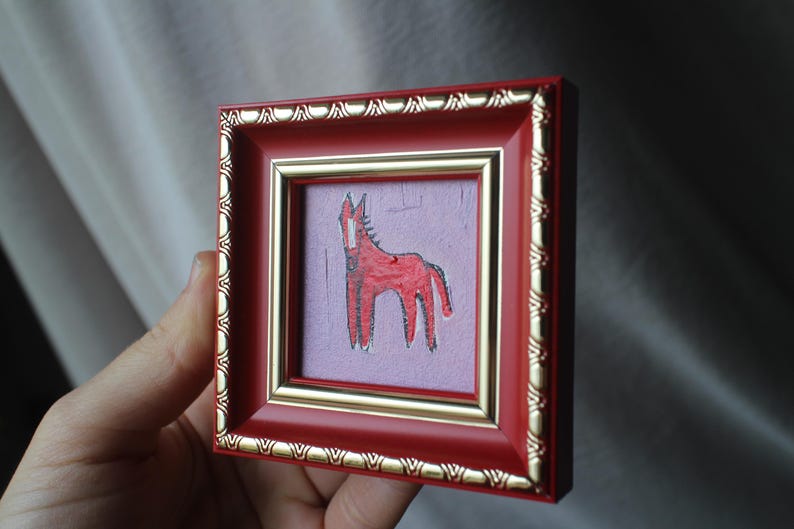 Red Fire horse miniature original oil painting framed 2x2 image 4