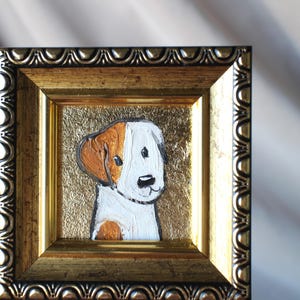 Jack Russell Terrier portrait peinture à l&#39;huile originale encadrée avec feuille d&#39;or 2 x 2 chien peinture à l&#39;huile chiot peinture chien portrait