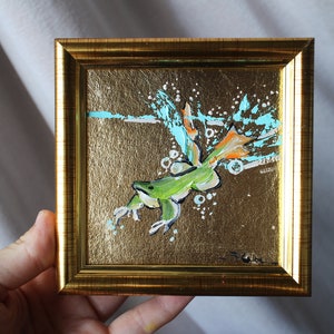 Pintura al óleo submarina de anuro de sapo con pan de oro 4x4 pintura original enmarcada Pintura de oso polar original enmarcada