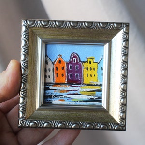 Amsterdam Oil painting framed original 2x2 in sketch Holland cityscape Handmade Oil Painting on canvas Amsterdam Painting Holland Wall Art