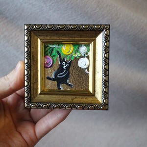Chat noir de Noël avec feuille d'or Peinture à l'huile avec feuille d'or 2 x 2 peinture originale encadrée peinture de chat originale encadrée
