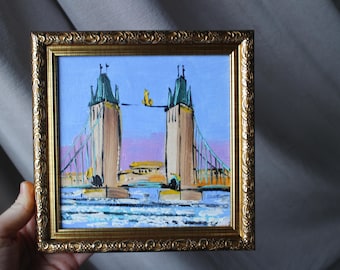 London Tower Bridge Oil Painting: Original Handmade Cityscape Art (6x6 in)