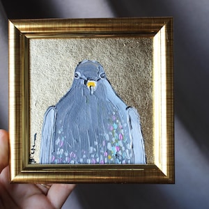 Retrato de paloma, pintura al óleo, hoja de oro, 4 x 4, pintura original enmarcada, pintura de paloma, ilustración original enmarcada, decoración del hogar