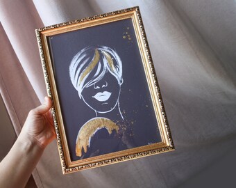Gold Leaf Ballerina Painting, Framed Watercolor Portrait (A4)