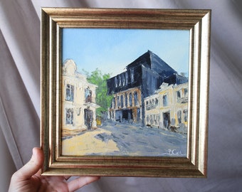 Kyiv Podil Oil Painting: Framed Impasto Cityscape Art