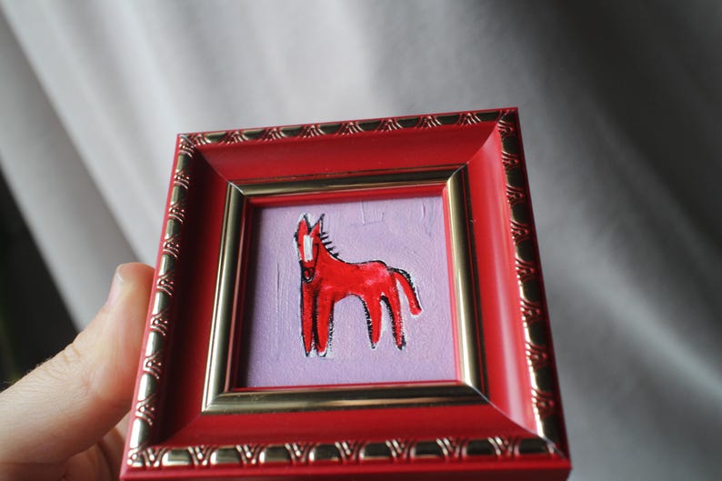 Red Fire horse miniature original oil painting framed 2x2 image 6