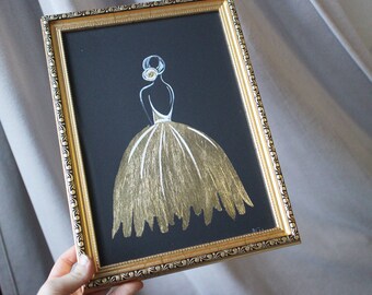 Gold Leaf Ballerina Painting: Framed Watercolor Art, Nursery Decor