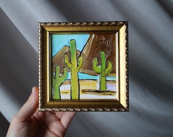 Peinture à l'huile encadrée Cactus du désert de l'Arizona encadrée : Art du paysage du sud-ouest 10 x 10 cm
