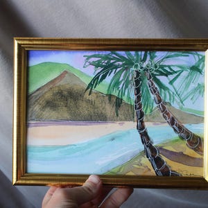 Hawaii Painting Beaches watercolor painting original framed Seascape Tropical Palm Tree sunshine filled weekend