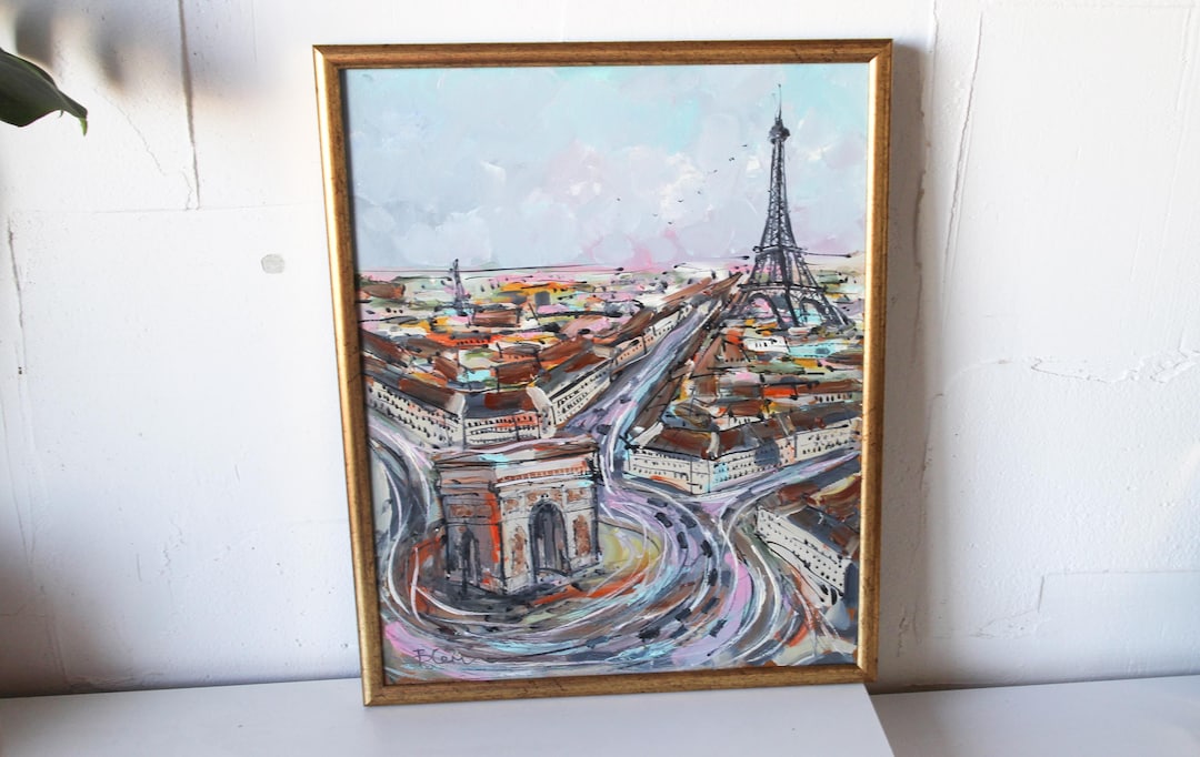 パリ凱旋門 エッフェル塔 油絵 16x12 オリジナル額入り パリの屋根
