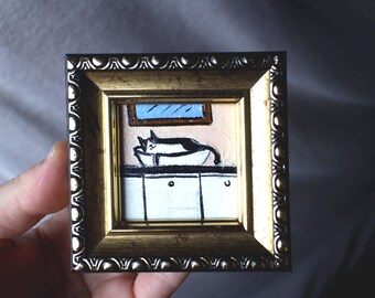 Peinture à l'huile Chat noir dans l'évier 2 x 2 original encadré