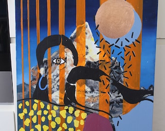 Retrato sin rostro enmarcado, pintura al óleo: arte abstracto surrealista (50,8 x 61 cm) deconstruido