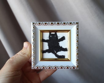 Mini-Gemälde schwarze Katze Öl-Pastell-Gemälde gerahmt 2x2 in Original-Blume Handgefertigtes Stillleben-Gemälde Bouquet-Gemälde