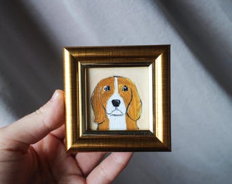 小さな女の子のオリジナル絵画、ビーグル犬のヴィンテージアート、動物
